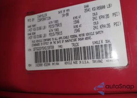 1999 Dodge Dakota Slt/Sport из США, поврежденный, VIN 1B7GG22Y5XS159720